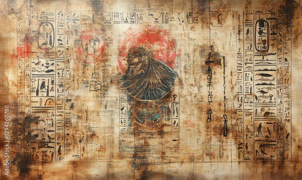 Obraz premium Ancient Egyptian artwork depicting a regal person and hieroglyphs.