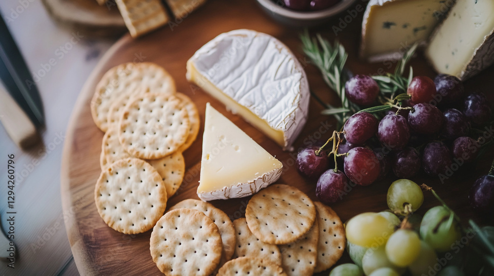 Delicious cheese and cracker platter with grapes and rosemary red food wine meal party snack tasty Delicious cheese and cracker platter with grapes and rosemary red food wine meal party snack tasty