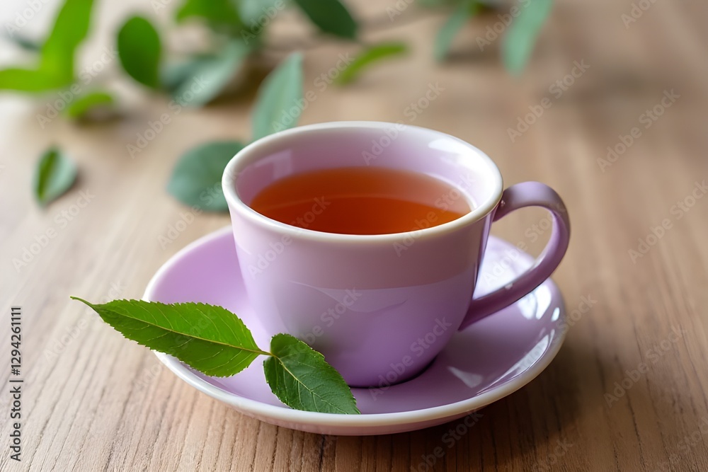 Delicate Purple Tea Cup with Fresh Leaves on Wooden Table Delicate Purple Tea Cup with Fresh Leaves on Wooden Table