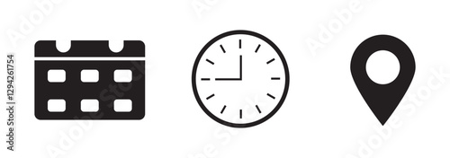 date, time, address location icon set. calendar, clock and map symbol for event, meeting, wedding, schedule, invitation card design element. transparent vector illustration