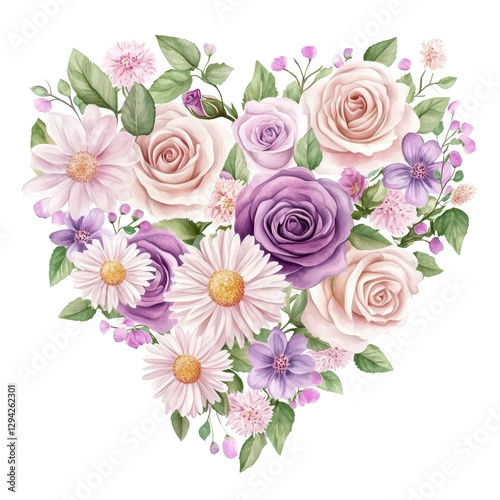 Floral Heart: A beautiful floral arrangement of roses, daisies, and other flowers artistically arranged in the shape of a heart. 