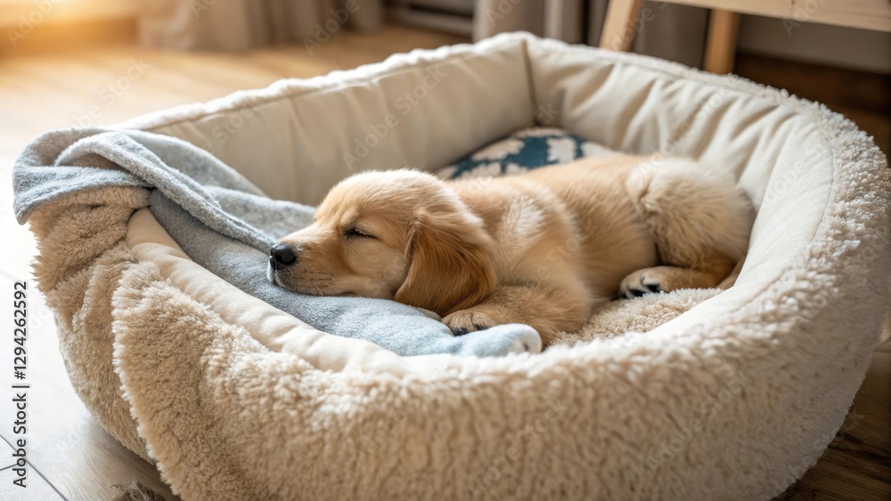 Obraz premium Sleepy golden retriever puppy in a relaxed mood, nestled comfortably in a cozy pet bed at home