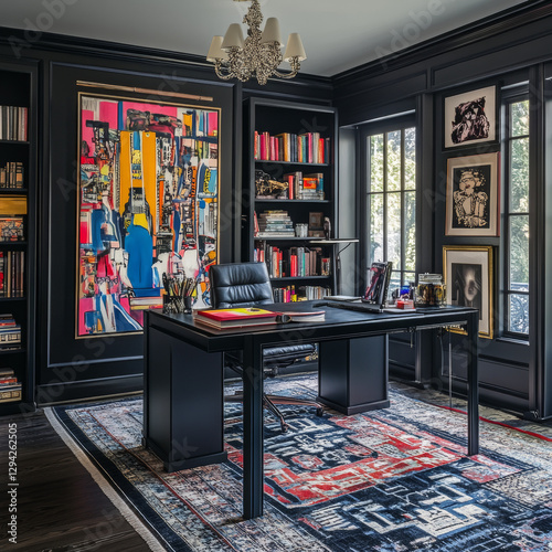 Stylish home office with bold artwork, black furniture, layered textiles, and moody lighting, creating a dynamic artistic ambiance