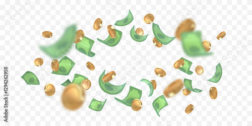 3d dollar notes and gold coins falling. Financial success concept. Vector illustration