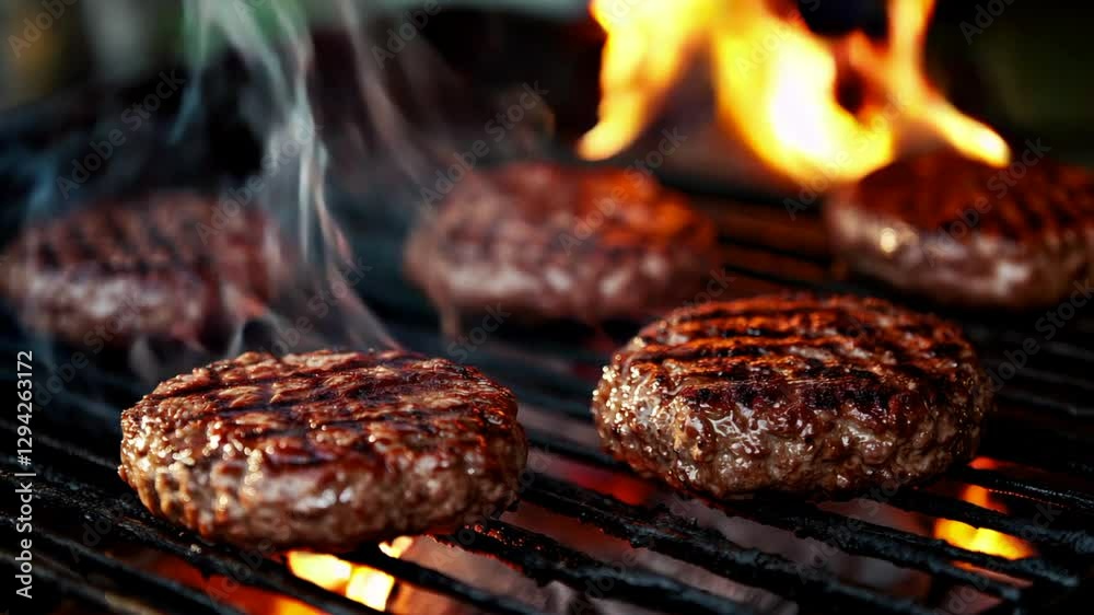 Burger meat patty on a flaming charcoal grill. Burger meat patty on a flaming charcoal grill.