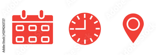 date, time, address location icon set. calendar, clock and map symbol for event, meeting, wedding, schedule, invitation card design element. transparent vector illustration