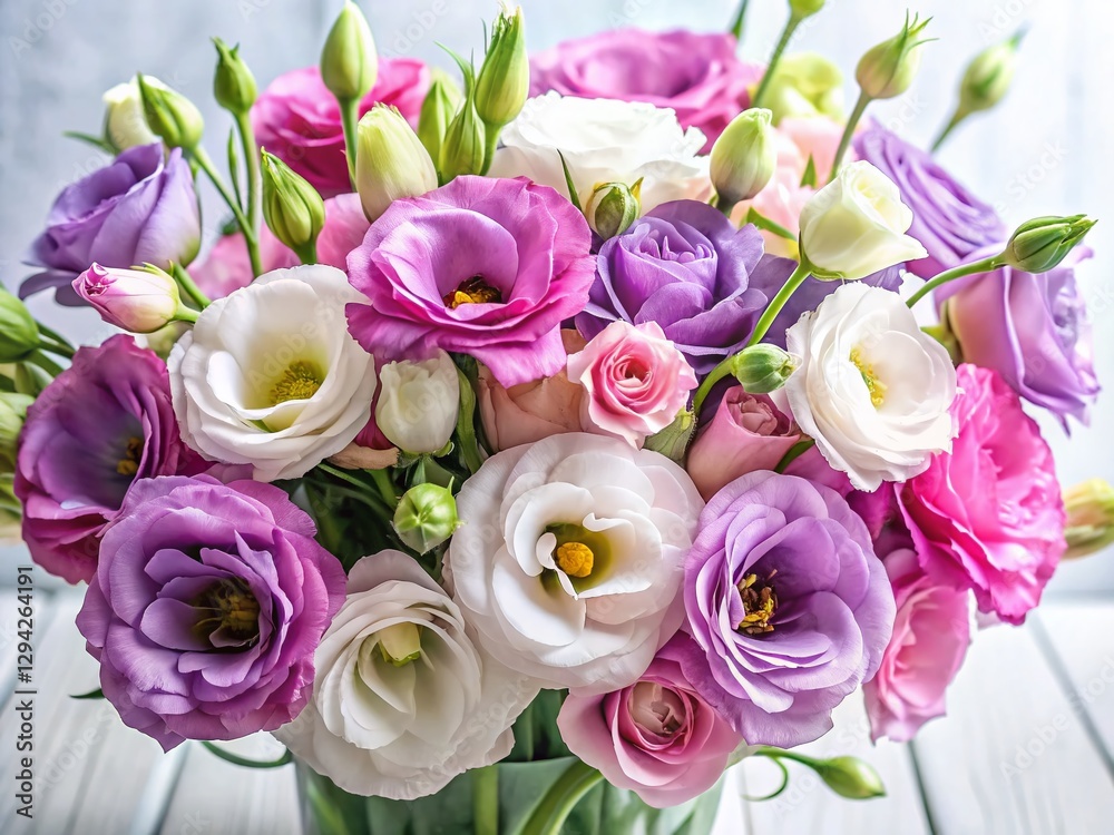 Fototapeta premium Elegant Pink, Lilac & White Eustoma Bouquet with Copy Space - Floral Background