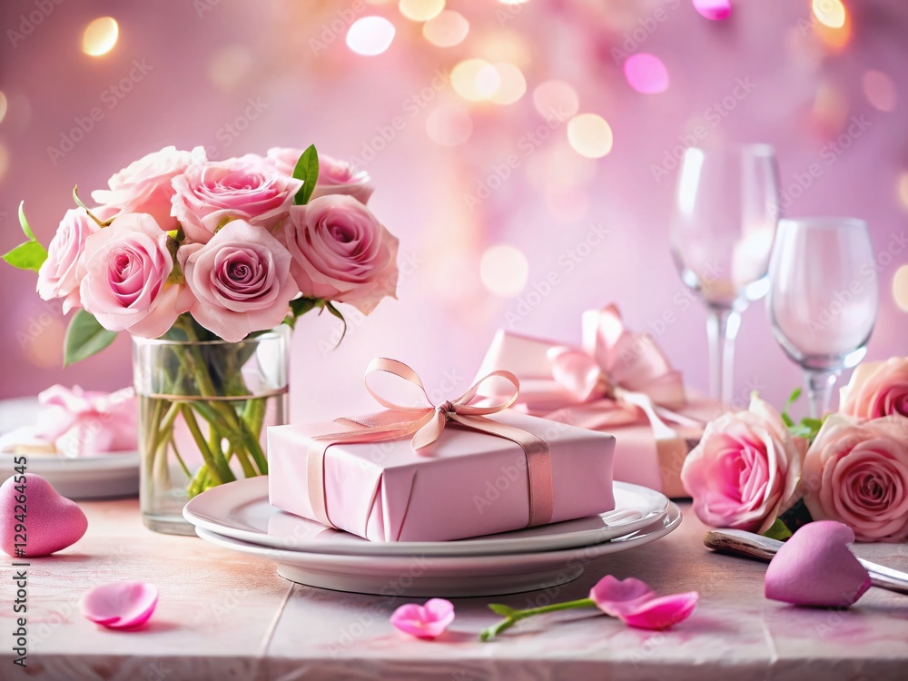 Elegant Pink Rose Gift Table Double Exposure Product Background - Stock Photo Elegant Pink Rose Gift Table Double Exposure Product Background - Stock Photo