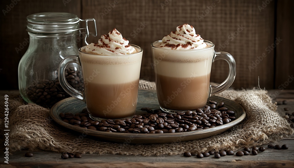 Layered coffee drinks, rustic setting Layered coffee drinks, rustic setting