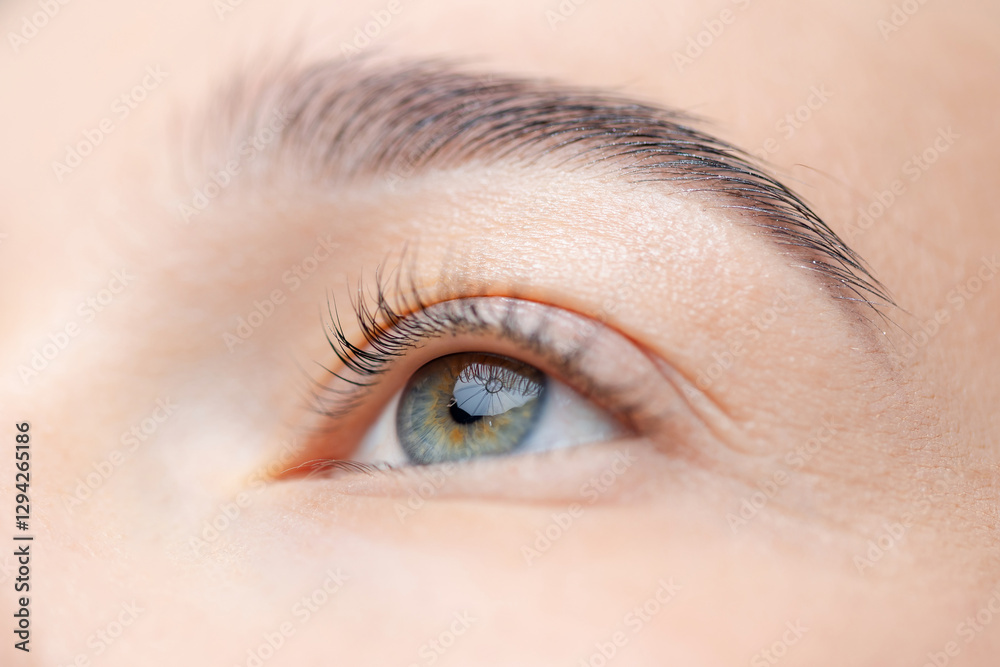 Fototapeta premium Close-up of female caucasian young adult eye with natural makeup and long eyelashes