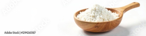White powder tapioca starch in wooden bowl with wooden spoon, isolated on white background, ceramic bowl, potato powder photo