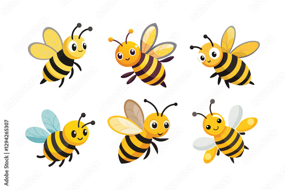 Six Cheerful Cartoon Bees – Vibrant 2D Vector Illustrations for Playful Designs Six Cheerful Cartoon Bees – Vibrant 2D Vector Illustrations for Playful Designs