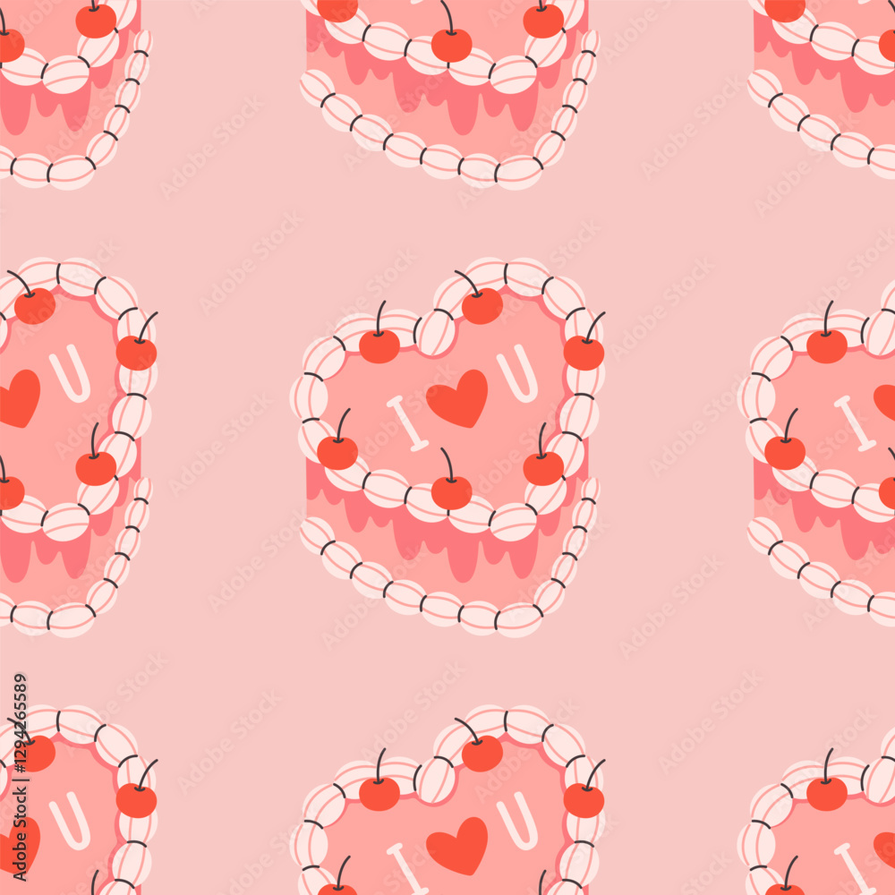Obraz premium Valentines Day seamless pattern with coquette cake in heart shape. Print for wallpaper, wrapping paper, textile, banners. Vector illustration in flat style
