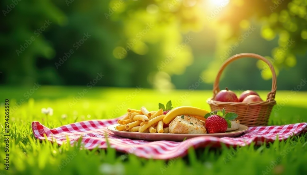 Bright picnic scene; colorful spread, sunny day, green grass, drinks, summer, sky Bright picnic scene; colorful spread, sunny day, green grass, drinks, summer, sky