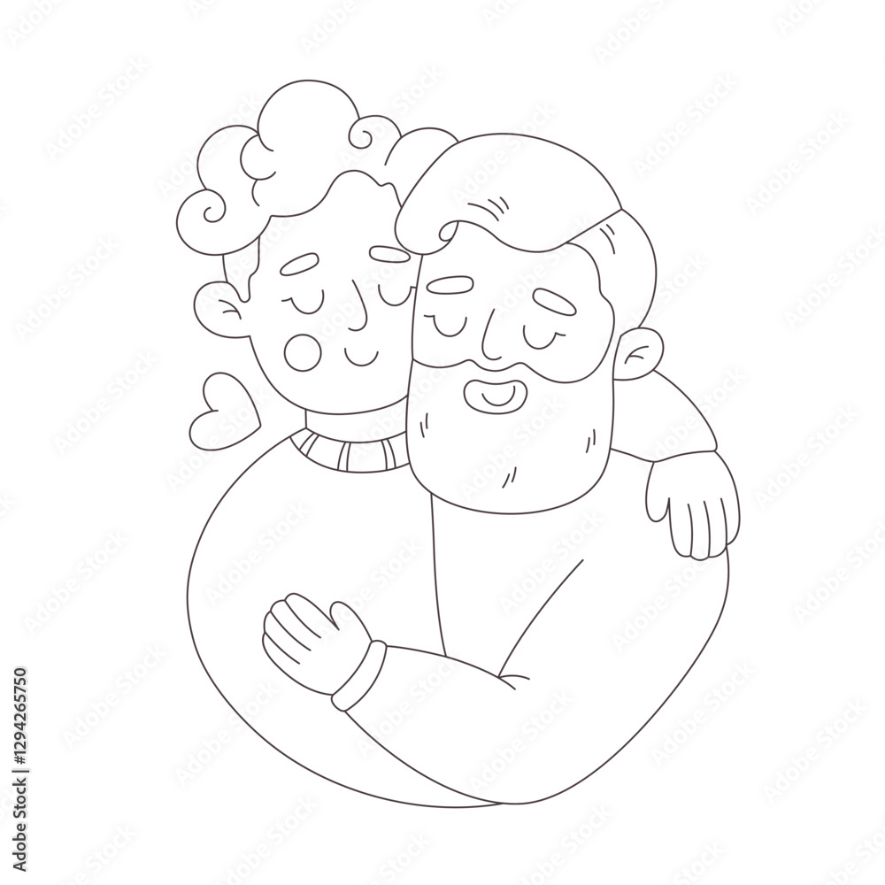Obraz premium Cute happy gay couple hugging. Coloring page. Love is Love. Happy Valentines Day. LGBT, Pride community. Vector doodle illustration, hand drawn design
