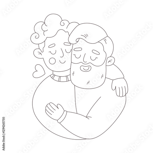 Cute happy gay couple hugging. Coloring page. Love is Love. Happy Valentines Day. LGBT, Pride community. Vector doodle illustration, hand drawn design