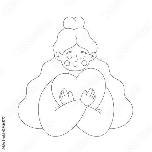 Woman hugging heart. Coloring page. Love yourself. Self-care and acceptance. Mental health concept. Vector doodle illustration, hand drawn design