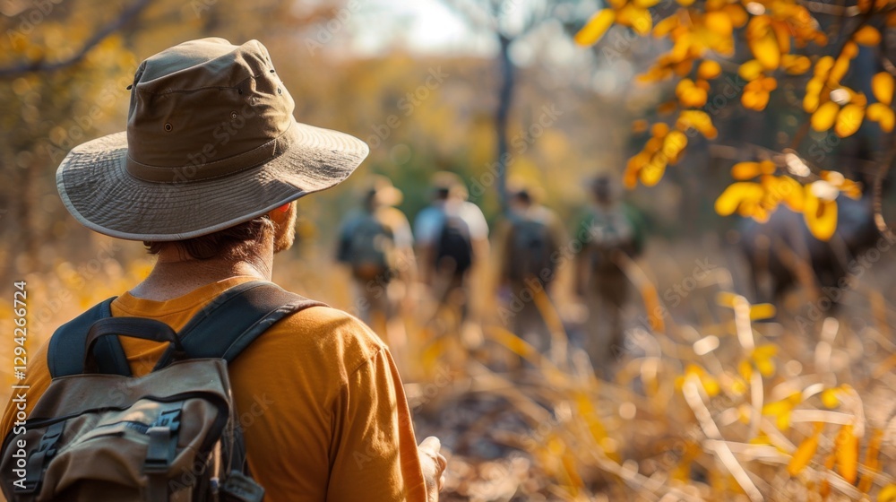 Fototapeta premium A person wearing a hat and backpack observes a group of hikers on a trail, surrounded by tall grass and colorful autumn leaves in the afternoon sunlight.