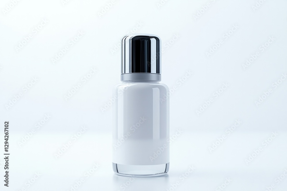 Minimalist design highlights sleek white bottle with shiny black Minimalist design highlights sleek white bottle with shiny black