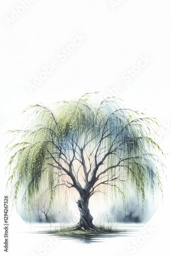 Eine zarte Illustration einer Trauerweide mit herabhängenden, grünen Ästen auf hellem Hintergrund. Die minimalistische Darstellung strahlt Ruhe und Eleganz aus. Platz für Text. Generative KI.