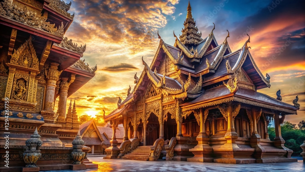 Fototapeta premium Panoramic View of Intricate Thai Temple Wood Carvings