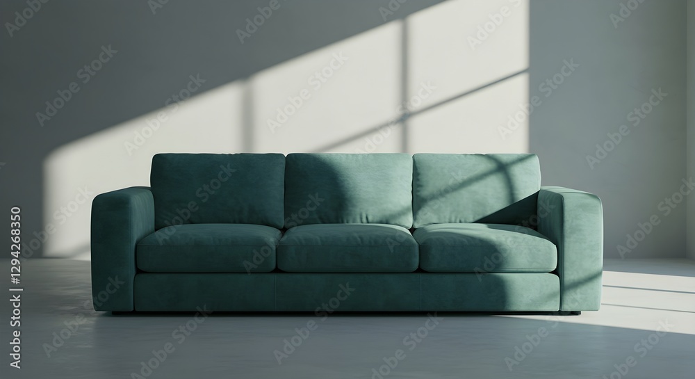 Fototapeta premium Modern Green Sofa in Minimalist Sunlit Interior