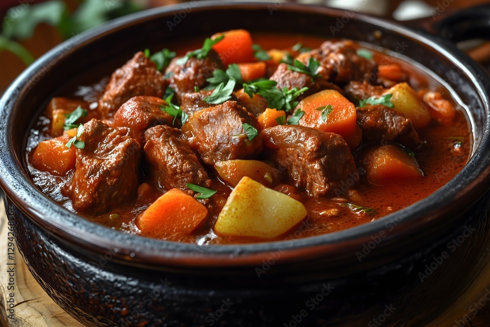 A close-up of goulash served in an iron pot A close-up of goulash served in an iron pot