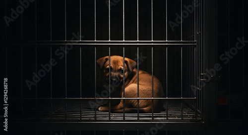 Sad puppy in dark cage. Animal shelter concept. Pet adoption awareness. Brown dog behind bars. Animal welfare and rights. Rescue and rehoming. Loneliness in confinement.