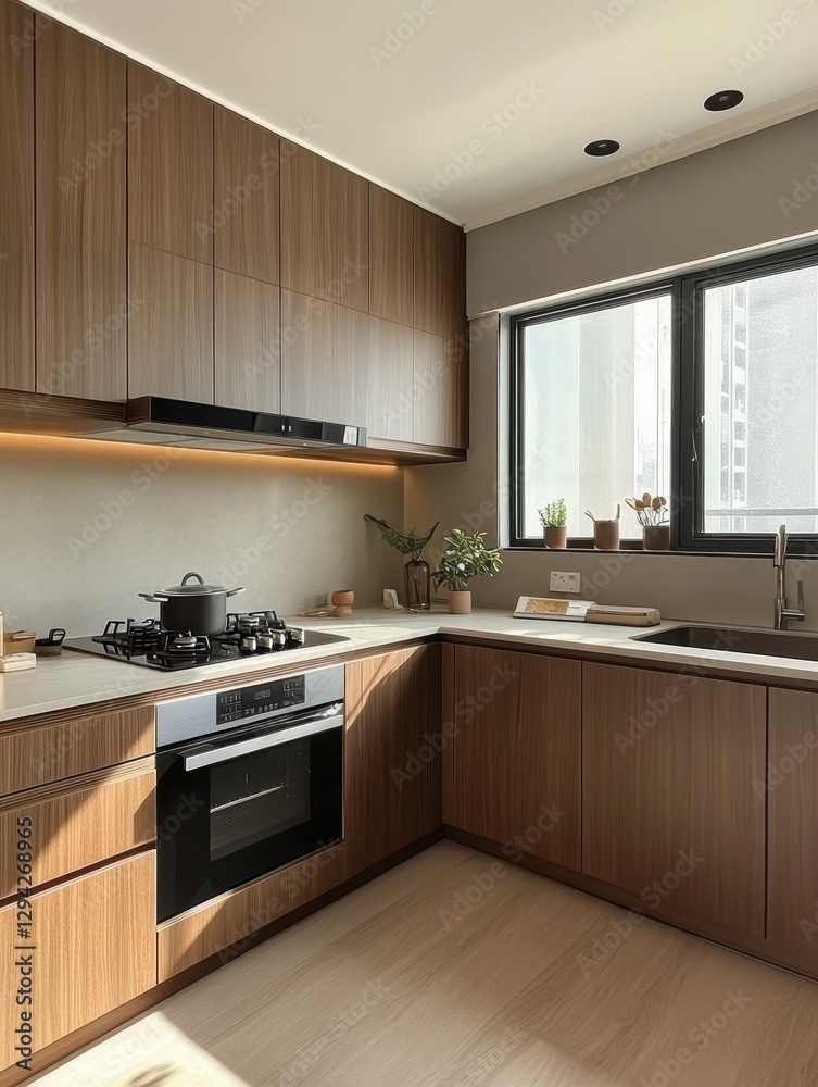 Fototapeta premium A modern kitchen showcasing cabinets oven and countertop