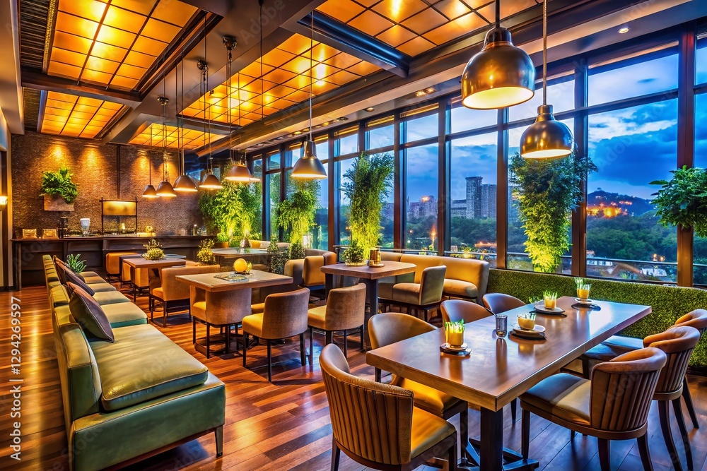 Naklejka premium Panoramic View of Stylish Restaurant Interior Design - Modern Dining Space