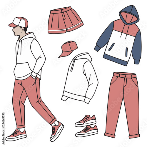 Streetwear Mockup Pack Template Bundle – Editable Vectors for Clothing Designers Collection of various clothing items including t-shirts, hoodies, jackets, pants, shorts, beanies, caps flats vector