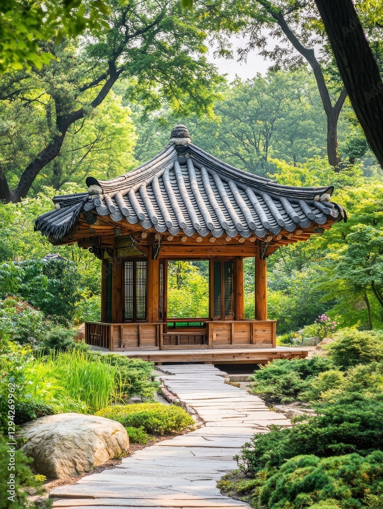 A traditional Korean pavilion situated in a beautiful garden setting A traditional Korean pavilion situated in a beautiful garden setting