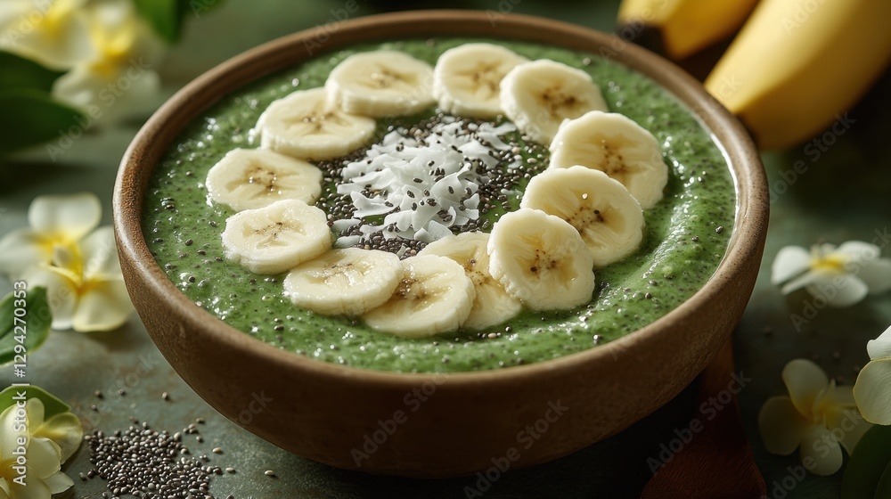 A smoothie bowl with chia seeds, banana slices, and shredded coconut, beautiful presentation A smoothie bowl with chia seeds, banana slices, and shredded coconut, beautiful presentation
