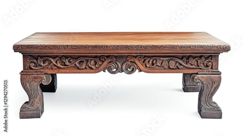 Ornate Wooden Coffee Table Against White Background