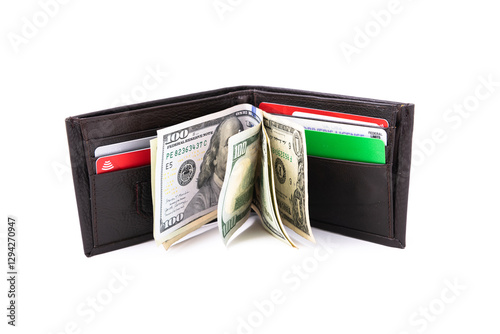 Open wallet with credit cards and dollars on white background