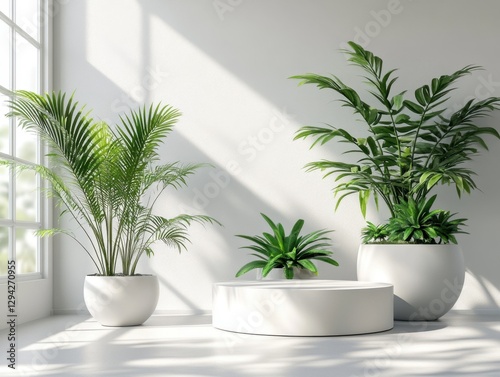 Serene Indoor Oasis with Lush Green Plants in White Pots Bathed in Sunlight Creating a Calming and Refreshing Atmosphere for Modern Home Decor