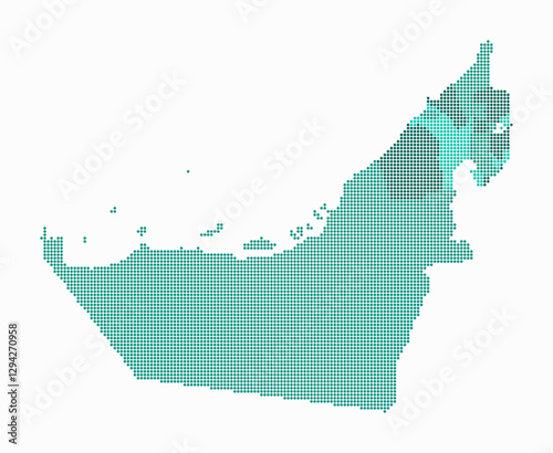 United Arab Emirates dotted map. Digital style map of the country on white background. United Arab Emirates shape with circle dots. Colored dots style. Small size circles.