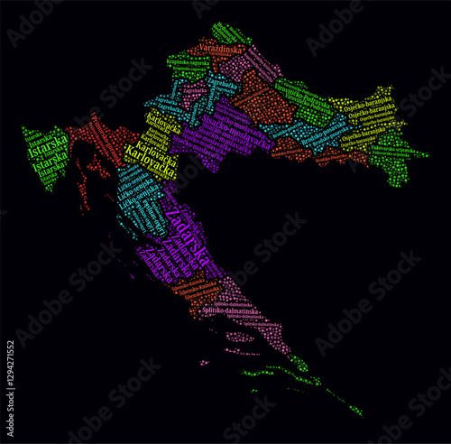 Croatia Word Cloud. Region names of the country in Croatian language. Bright neon style design on dark background. Croatia shape with administrative division. Creative vector illustration.