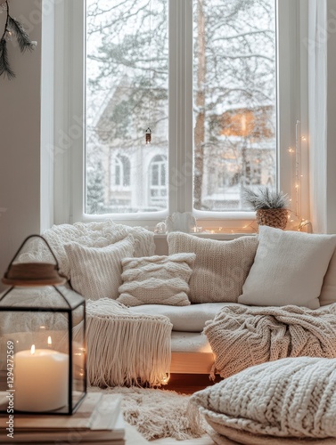 The Cozy Scene Depicts a Beautiful Winter Window Scene photo