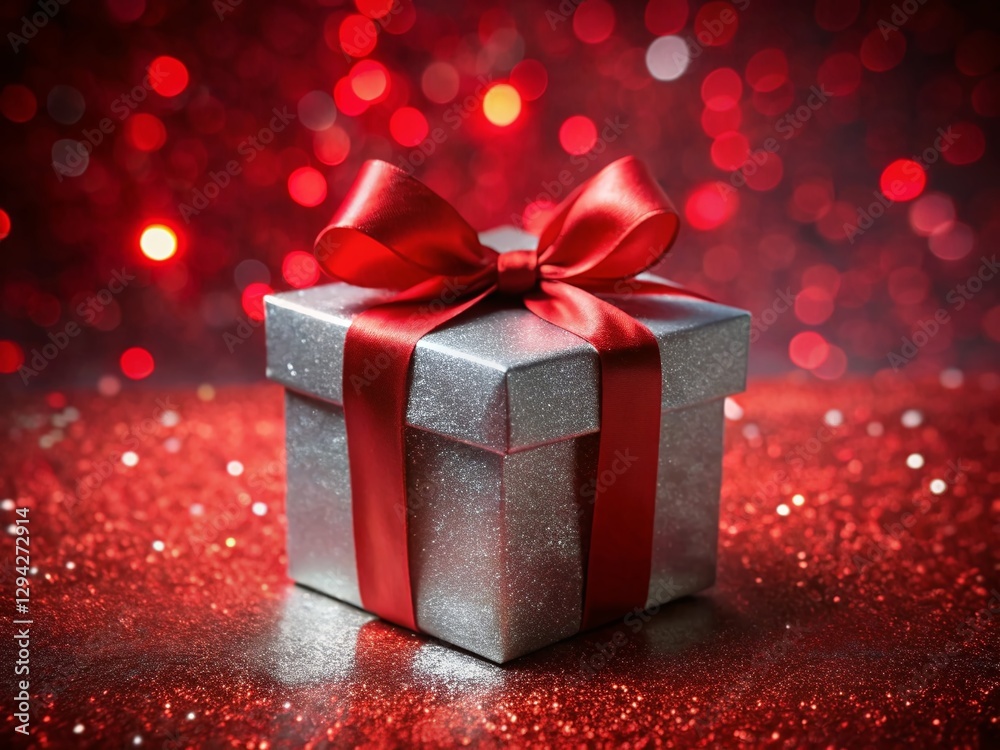 Elegant Silver Gift Box with Red Ribbon Bow - Night Photography Stock Photo Elegant Silver Gift Box with Red Ribbon Bow - Night Photography Stock Photo