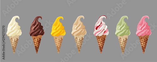 Set of ice cream in cone of waffle on grey background. Chocolate, vanilla, pistachio, mango, coffee, yogurt with cherry, strawberry. Vector illustration. ideal for posters, packaging.