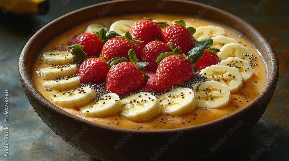 A tropical smoothie bowl topped with sliced bananas, strawberries, and chia seeds, bright summer lighting A tropical smoothie bowl topped with sliced bananas, strawberries, and chia seeds, bright summer lighting