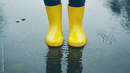 Bright yellow rain boots stand in a puddle, creating ripples on a rainy day. Reflection visible on the water's surface.