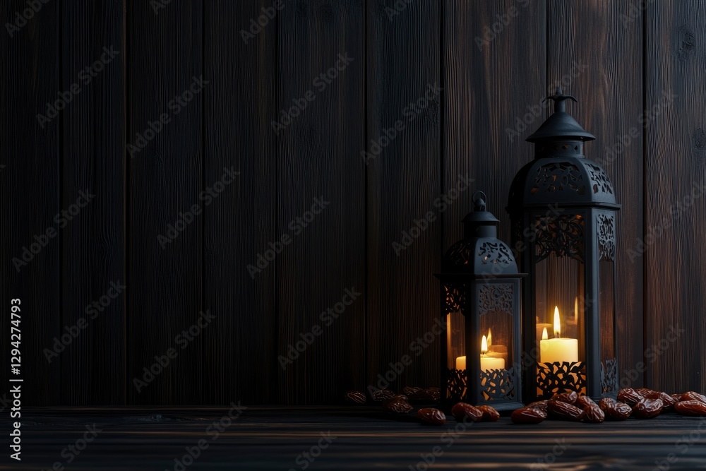 Fototapeta premium Ramadan background, with lanterns and dates on a dark wooden table