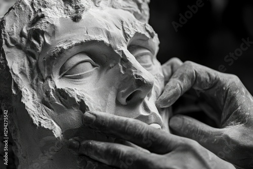 A sculptor's hands carefully refine the details of a stone face, revealing the artistic process. photo