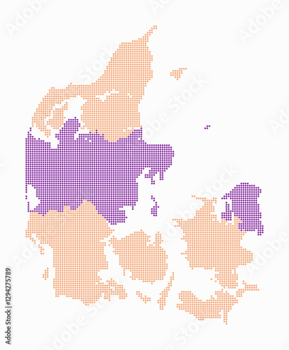 Denmark dotted map. Digital style map of the country on white background. Denmark shape with circle dots. Colored dots style. Small size circles. Beautiful vector illustration.