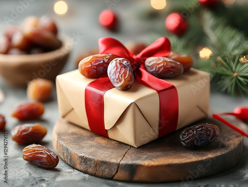 Present is wrapped with a red bow and dates photo