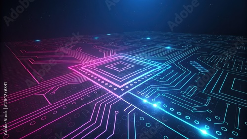 Cyberpunk-inspired digital circuit board with neon pink and blue grid lines, smooth bokeh effects, and deep dark background. Futuristic high-tech interface in ultra-HD
