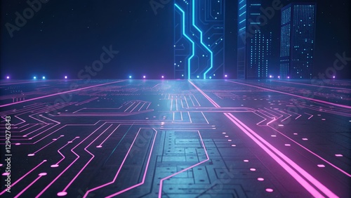 Cyberpunk-inspired digital circuit board with neon pink and blue grid lines, smooth bokeh effects, and deep dark background. Futuristic high-tech interface in ultra-HD