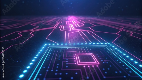Cyberpunk-inspired digital circuit board with neon pink and blue grid lines, smooth bokeh effects, and deep dark background. Futuristic high-tech interface in ultra-HD